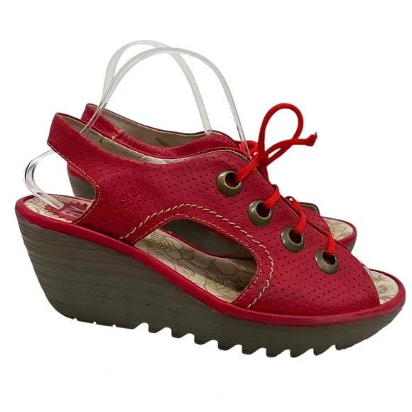 Fly London Ylfa Red Leather Lace Up Peep Toe Wedge Sandals Womens 40